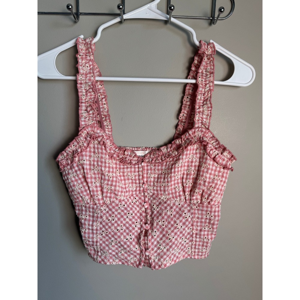 Urban Romantics Womens Pink Gingham Eyelet Crop Top S Cottagecore Coquette Boho